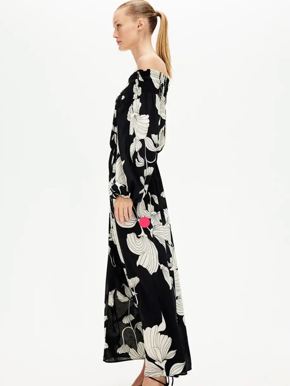 H&M Black Off-Shoulder Floral Maxi Dress with White Leaf Print - Picture 3 of 9